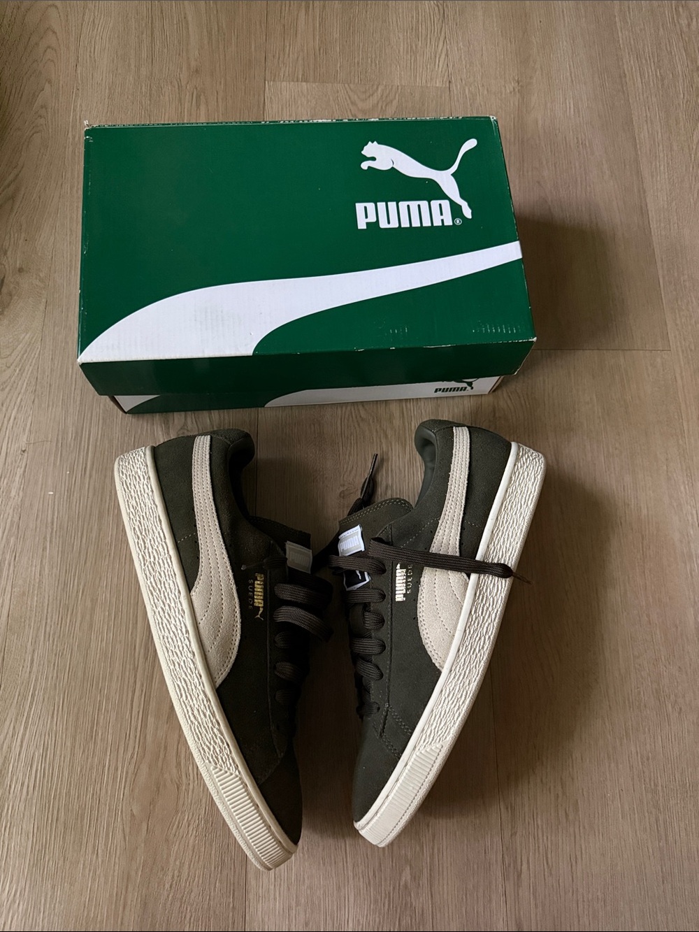Puma Men's Suede Sneakers in Olive Green and Cream Accent